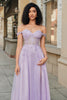 Laden Sie das Bild in den Galerie-Viewer, Wunderschönes schulterfreies lila Korsett-Ballkleid mit A-Linie und Applikationen