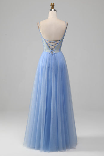 Hellblaues A-Linien-Kleid aus Tüll mit V-Ausschnitt und Applikationen
