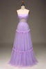 Laden Sie das Bild in den Galerie-Viewer, Trägerloses lilafarbenes Korsett-Ballkleid aus Tüll