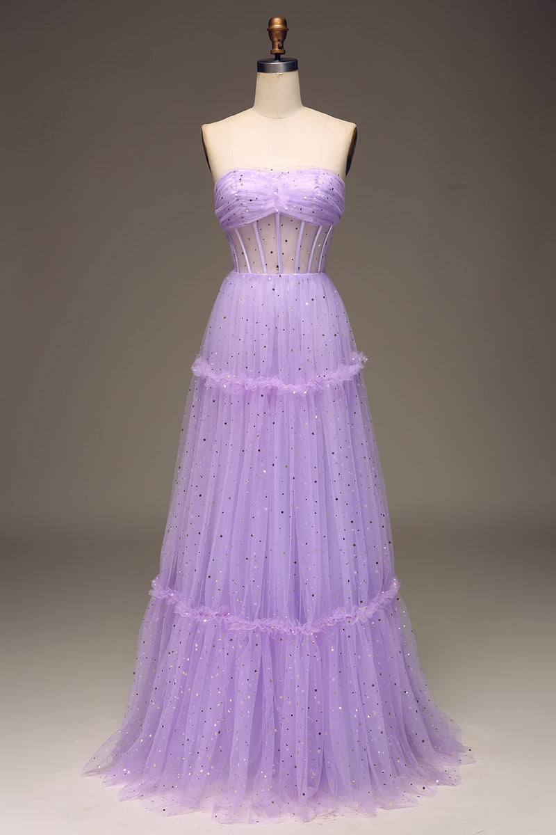Laden Sie das Bild in den Galerie-Viewer, Trägerloses lilafarbenes Korsett-Ballkleid aus Tüll