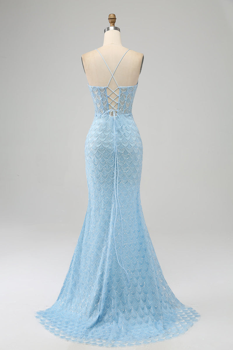 Laden Sie das Bild in den Galerie-Viewer, Glitzer himmelblaue Spaghettiträger Meerjungfrau Abschlussballkleid mit Schlitz