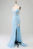 Glitzer himmelblaue Spaghettiträger Meerjungfrau Abschlussballkleid mit Schlitz