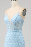 Glitzer himmelblaue Spaghettiträger Meerjungfrau Abschlussballkleid mit Schlitz