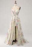 Elfenbeinfarbenes Ballkleid mit Blumendruck in A-Linie und Schlitz