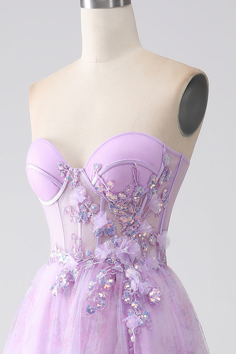 Laden Sie das Bild in den Galerie-Viewer, Lavendelfarbenes, trägerloses Korsett-Ballkleid mit Perlen