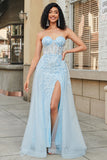 Charmantes A-Line-Sweetheart-blaues Korsett-Ballkleid mit Perlenschlitz