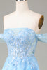 Laden Sie das Bild in den Galerie-Viewer, Schulterfreies blaues A-Linien-Prinzessinnenkorsett-Ballkleid mit Schlitz