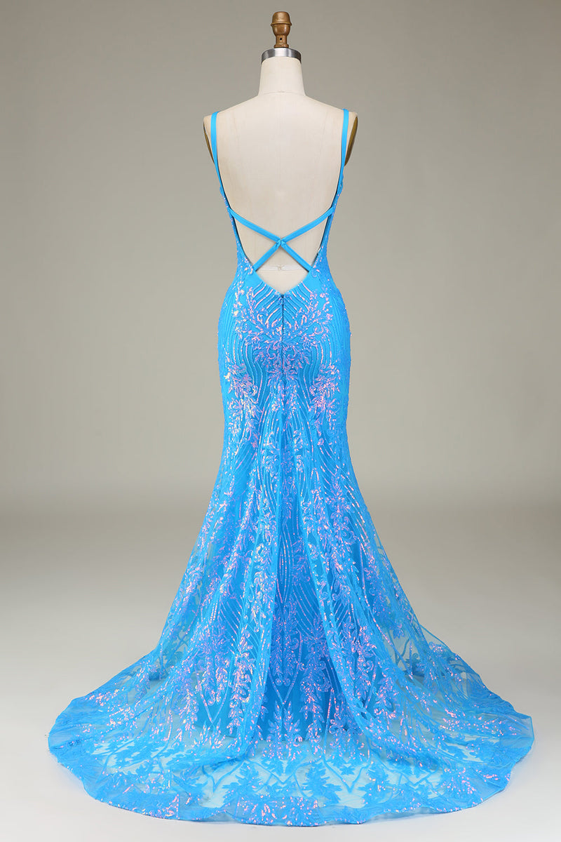 Laden Sie das Bild in den Galerie-Viewer, Glitzerndes blaues Meerjungfrauen-Ballkleid mit tiefem V-Ausschnitt
