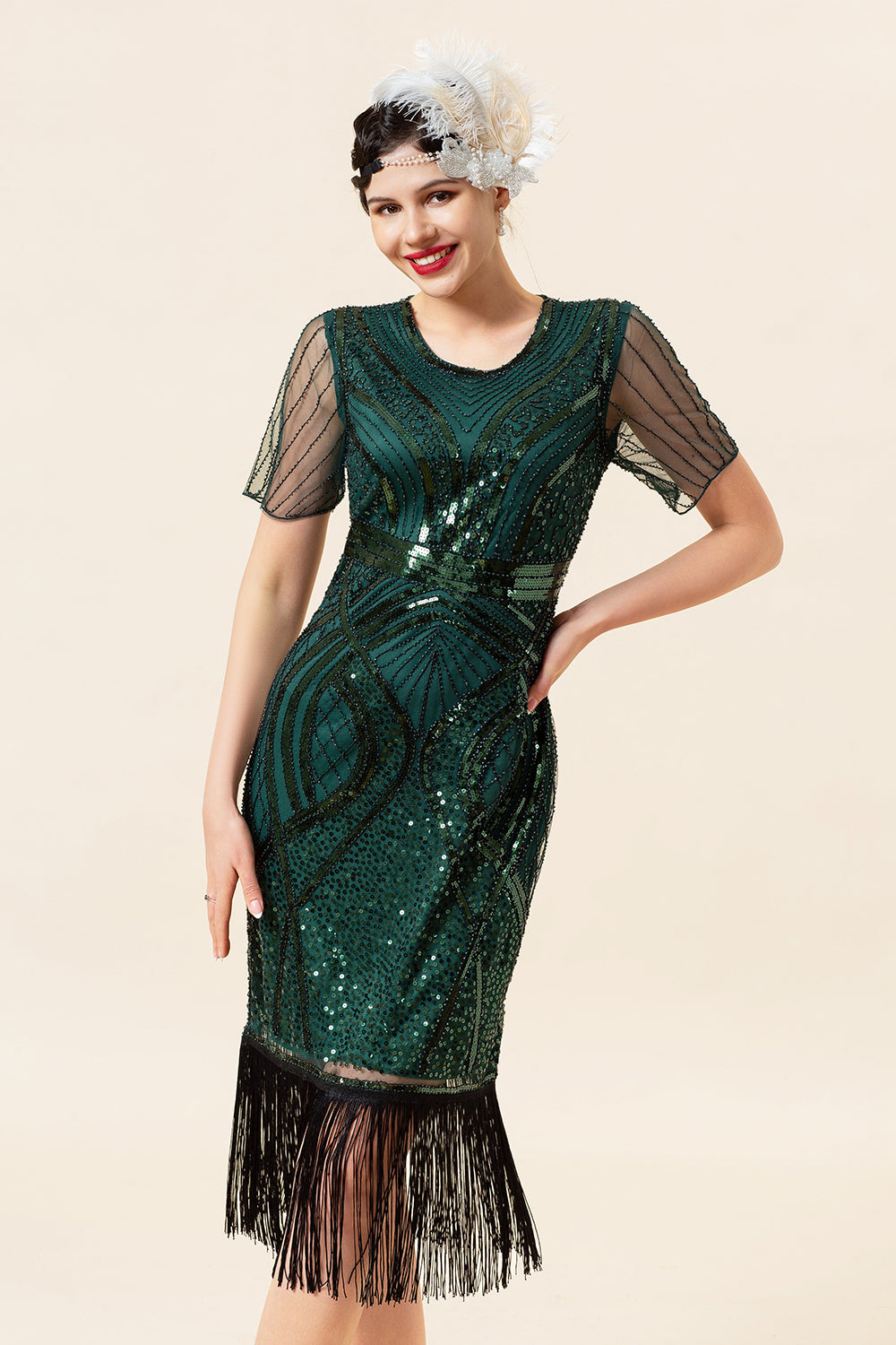 Scheide Rundhals Dunkelgrünes 1920er Jahre kleid mit Quaste