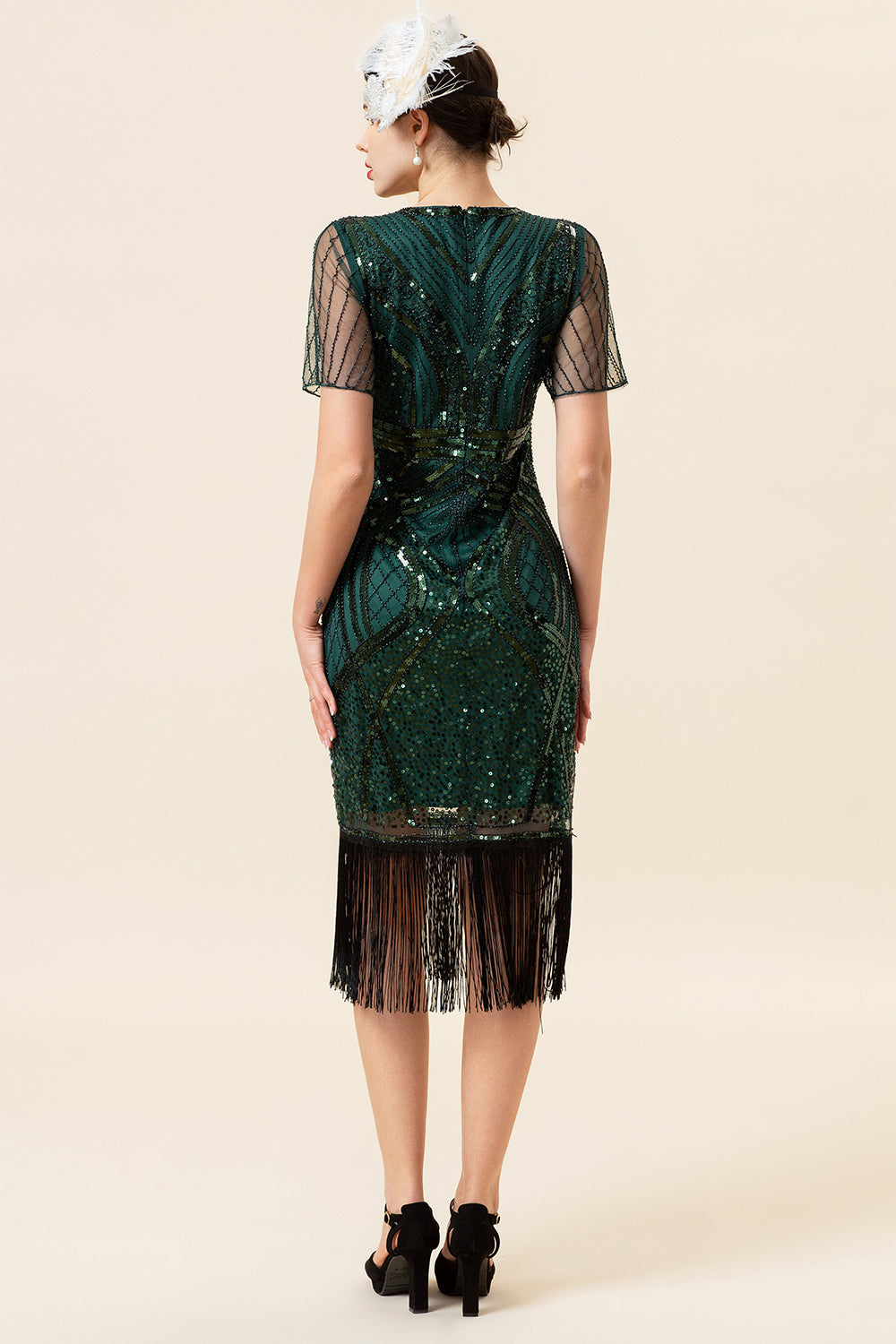 Scheide Rundhals Dunkelgrünes 1920er Jahre kleid mit Quaste