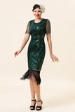 Scheide Rundhals Dunkelgrünes 1920er Jahre kleid mit Quaste