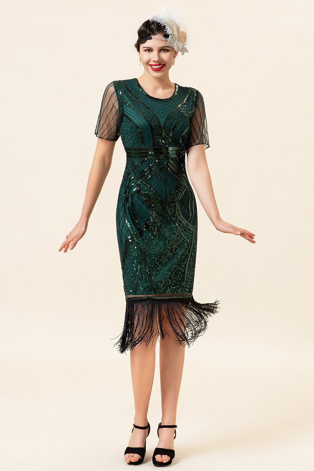 Scheide Rundhals Dunkelgrünes 1920er Jahre kleid mit Quaste