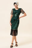 Scheide Rundhals Dunkelgrünes 1920er Jahre kleid mit Quaste