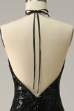 Neckholder-Pailletten schwarzes rückenfreies Ballkleid mit Schlitz