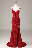 Glitter Spiegel Pailletten Rotes Korsett Ballkleid mit Schlitz