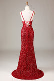 Glitter Spiegel Pailletten Rotes Korsett Ballkleid mit Schlitz