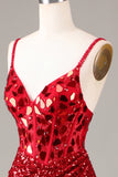 Glitter Spiegel Pailletten Rotes Korsett Ballkleid mit Schlitz