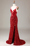 Glitter Spiegel Pailletten Rotes Korsett Ballkleid mit Schlitz