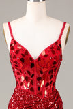 Glitter Spiegel Pailletten Rotes Korsett Ballkleid mit Schlitz