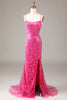 Laden Sie das Bild in den Galerie-Viewer, Pinkfarbenes Pailletten- und perlenbesetztes Meerjungfrauen-Ballkleid mit Schlitz