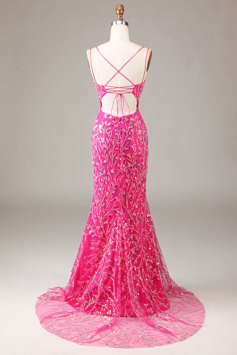 Laden Sie das Bild in den Galerie-Viewer, Pinkfarbenes Pailletten- und perlenbesetztes Meerjungfrauen-Ballkleid mit Schlitz