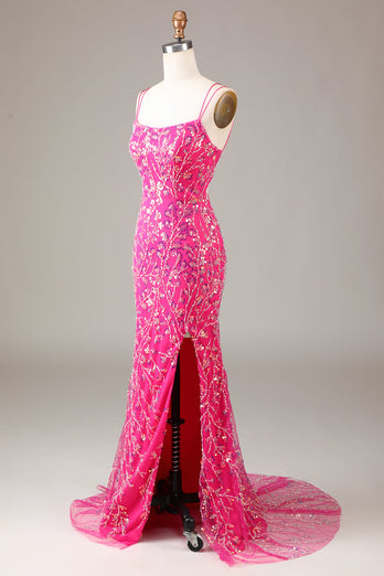 Pinkfarbenes Pailletten- und perlenbesetztes Meerjungfrauen-Ballkleid mit Schlitz
