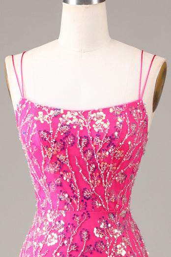 Pinkfarbenes Pailletten- und perlenbesetztes Meerjungfrauen-Ballkleid mit Schlitz
