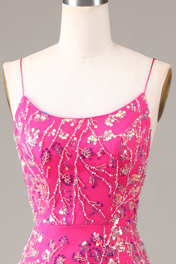 Pinkfarbenes Pailletten- und perlenbesetztes Meerjungfrauen-Ballkleid mit rückenfreiem Rücken