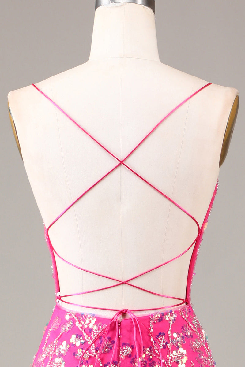 Laden Sie das Bild in den Galerie-Viewer, Pinkfarbenes Pailletten- und perlenbesetztes Meerjungfrauen-Ballkleid mit rückenfreiem Rücken