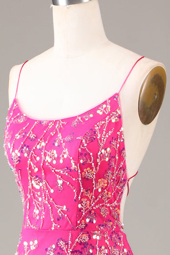 Pinkfarbenes Pailletten- und perlenbesetztes Meerjungfrauen-Ballkleid mit rückenfreiem Rücken