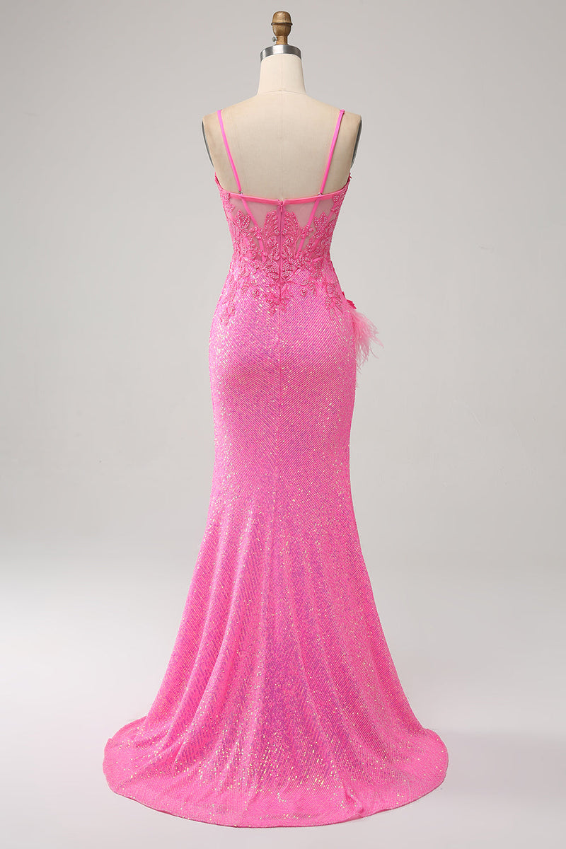 Laden Sie das Bild in den Galerie-Viewer, Trendiges Meerjungfrauen-Spaghettiträger rosa Pailletten-langes Ballkleid mit Applikationen