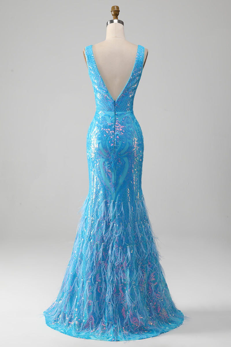 Laden Sie das Bild in den Galerie-Viewer, Glitzerndes blaues Meerjungfrauen-Kleid mit V-Ausschnitt und Schlitz