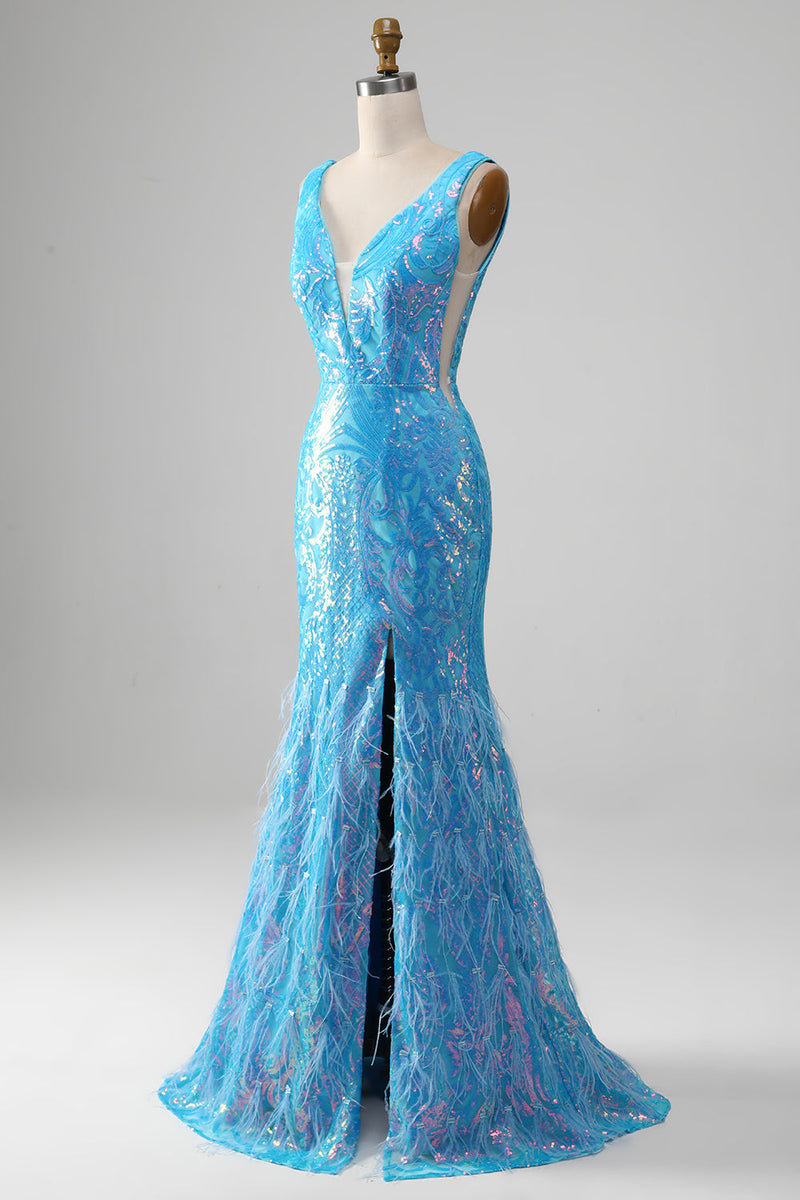 Laden Sie das Bild in den Galerie-Viewer, Glitzerndes blaues Meerjungfrauen-Kleid mit V-Ausschnitt und Schlitz