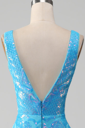 Glitzerndes blaues Meerjungfrauen-Kleid mit V-Ausschnitt und Schlitz