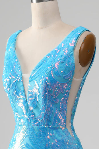 Glitzerndes blaues Meerjungfrauen-Kleid mit V-Ausschnitt und Schlitz