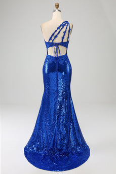 Königsblaues Meerjungfrauen-Ballkleid mit einer Schulter und Schlitz