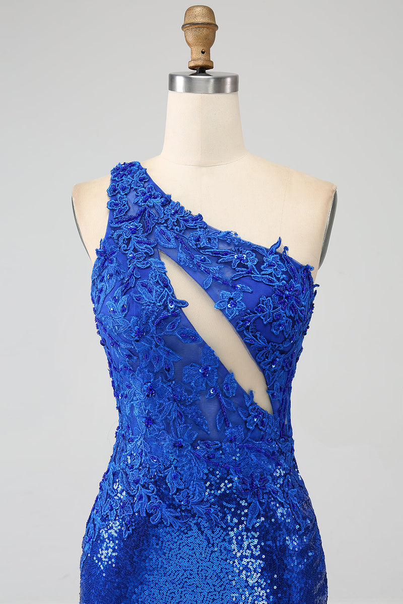 Laden Sie das Bild in den Galerie-Viewer, Königsblaues Meerjungfrauen-Ballkleid mit einer Schulter und Schlitz