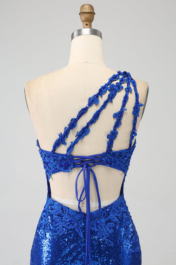 Königsblaues Meerjungfrauen-Ballkleid mit einer Schulter und Schlitz