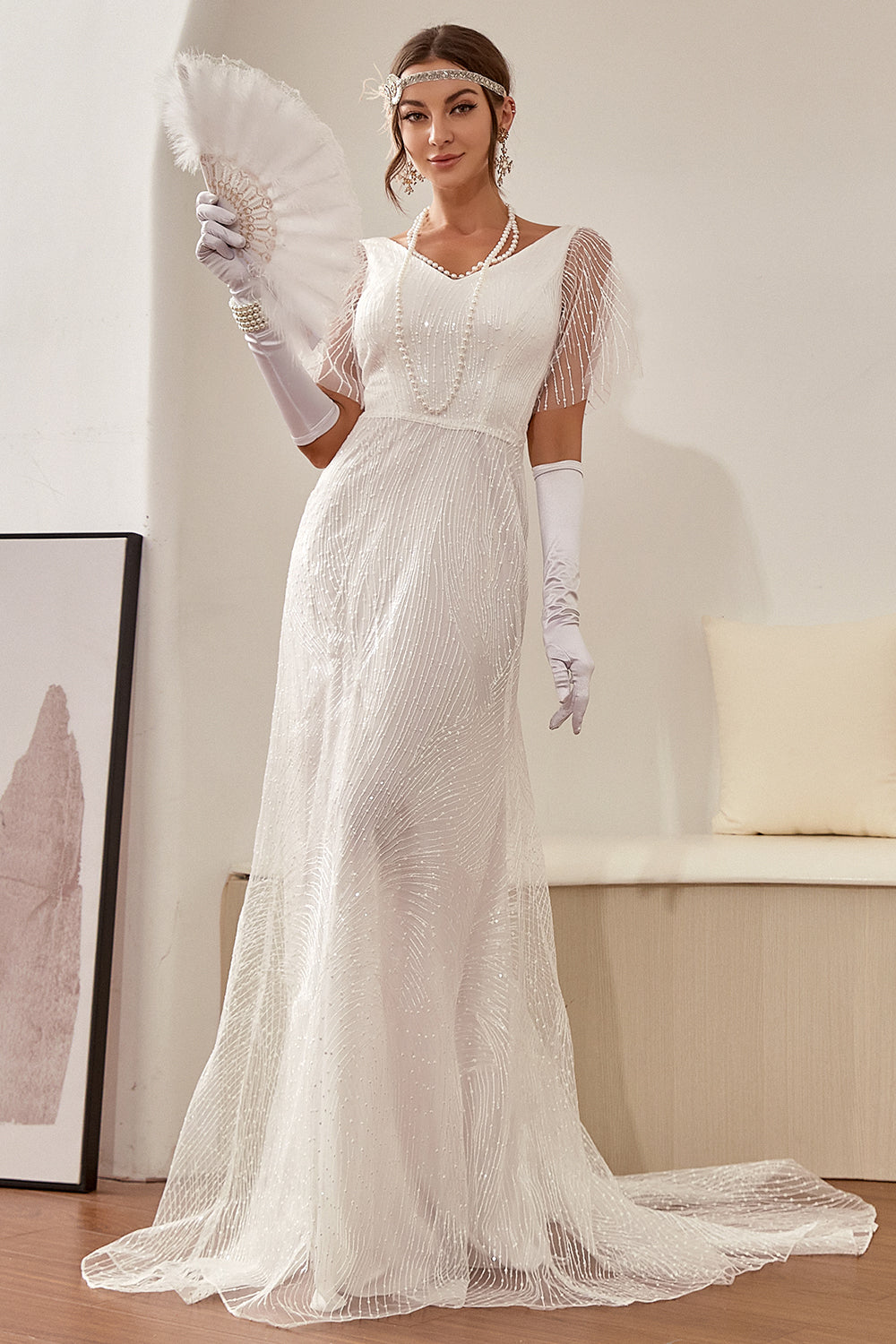 Meerjungfrau Weiß V-Ausschnitt Brautkleid