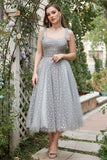 Graue Spaghettiträger Teelanges Ballkleid mit Fliegenknoten