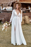 Elfenbeinspitze Chiffon V-Ausschnitt Langarm Boho Brautkleid