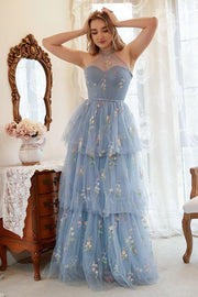 Neckholder-Grau Blau A-Linie Schmutz Ballkleid mit Stickerei