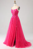 Fuchsia A-Linie Korsett Spitze Langes Ballkleid mit Schlitz