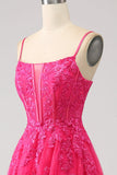 Fuchsia A-Linie Korsett Spitze Langes Ballkleid mit Schlitz