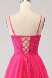 Fuchsia A-Linie Korsett Spitze Langes Ballkleid mit Schlitz