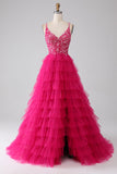 Fuchsia Princess A-Line Spaghettiträger Paillettenbesetztes langes Ballkleid mit Schlitz