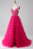 Fuchsia Princess A-Line Spaghettiträger Paillettenbesetztes langes Ballkleid mit Schlitz