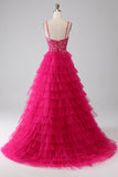 Fuchsia Princess A-Line Spaghettiträger Paillettenbesetztes langes Ballkleid mit Schlitz