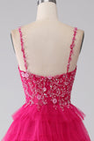 Fuchsia Princess A-Line Spaghettiträger Paillettenbesetztes langes Ballkleid mit Schlitz