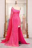 Atemberaubendes Meerjungfrauen-One-Shoulder-Fuchsia-Pailletten-langes Ballkleid mit Schlitz